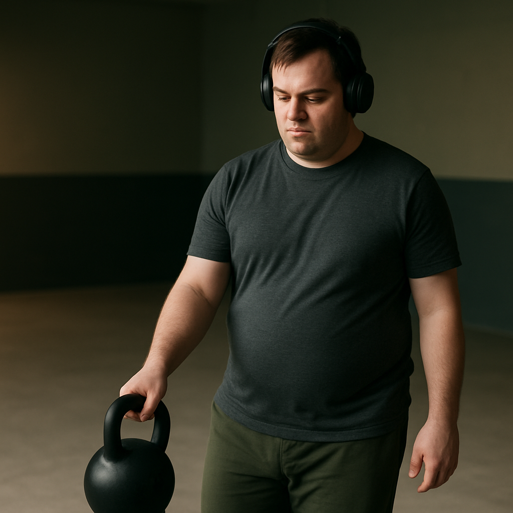 An adult training alone with a kettlebell in a calm, dimly lit room with no crowds or mirrors