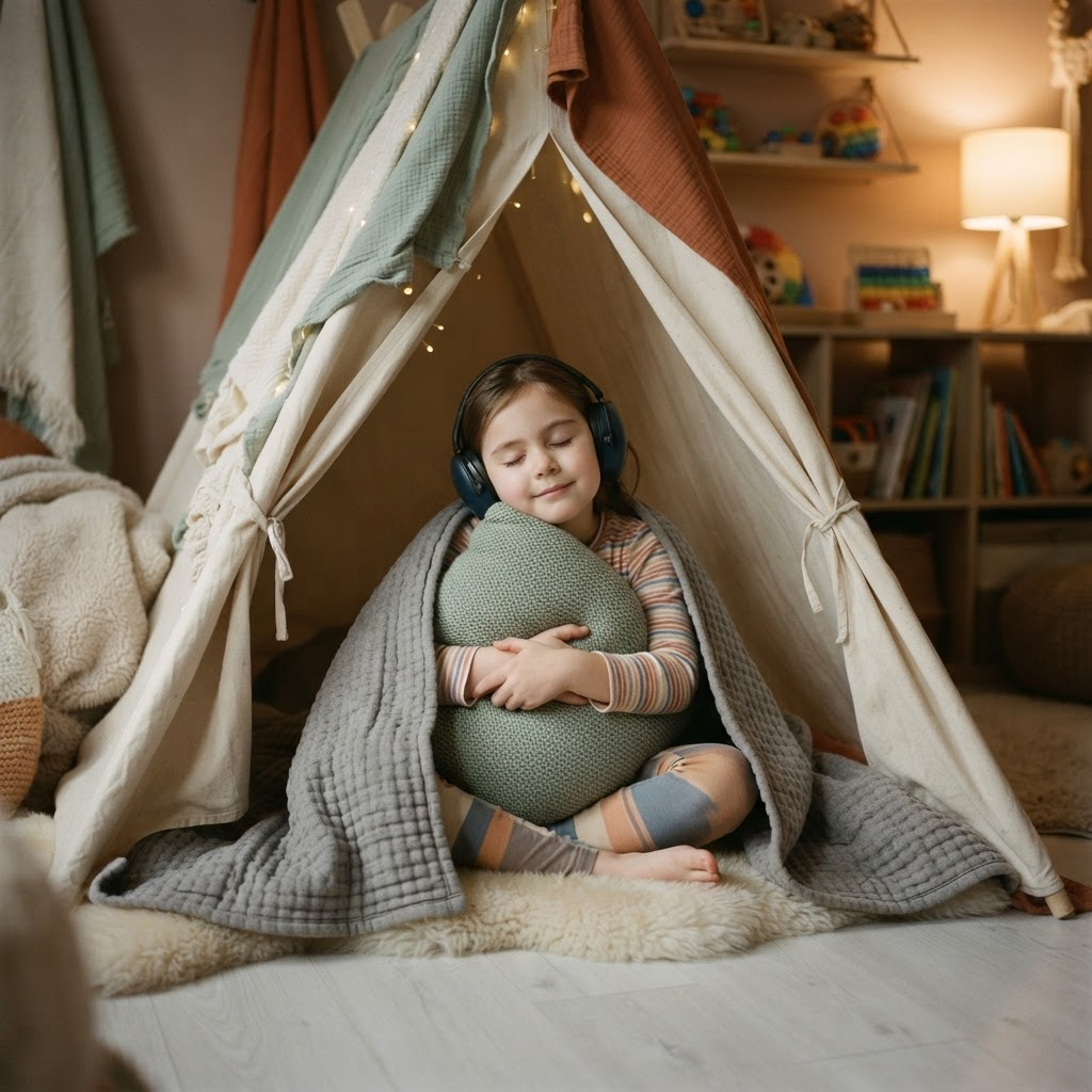 An autistic girl sitting under a weighted blanket in a small tent, wearing ear defenders, with a peaceful settled expression