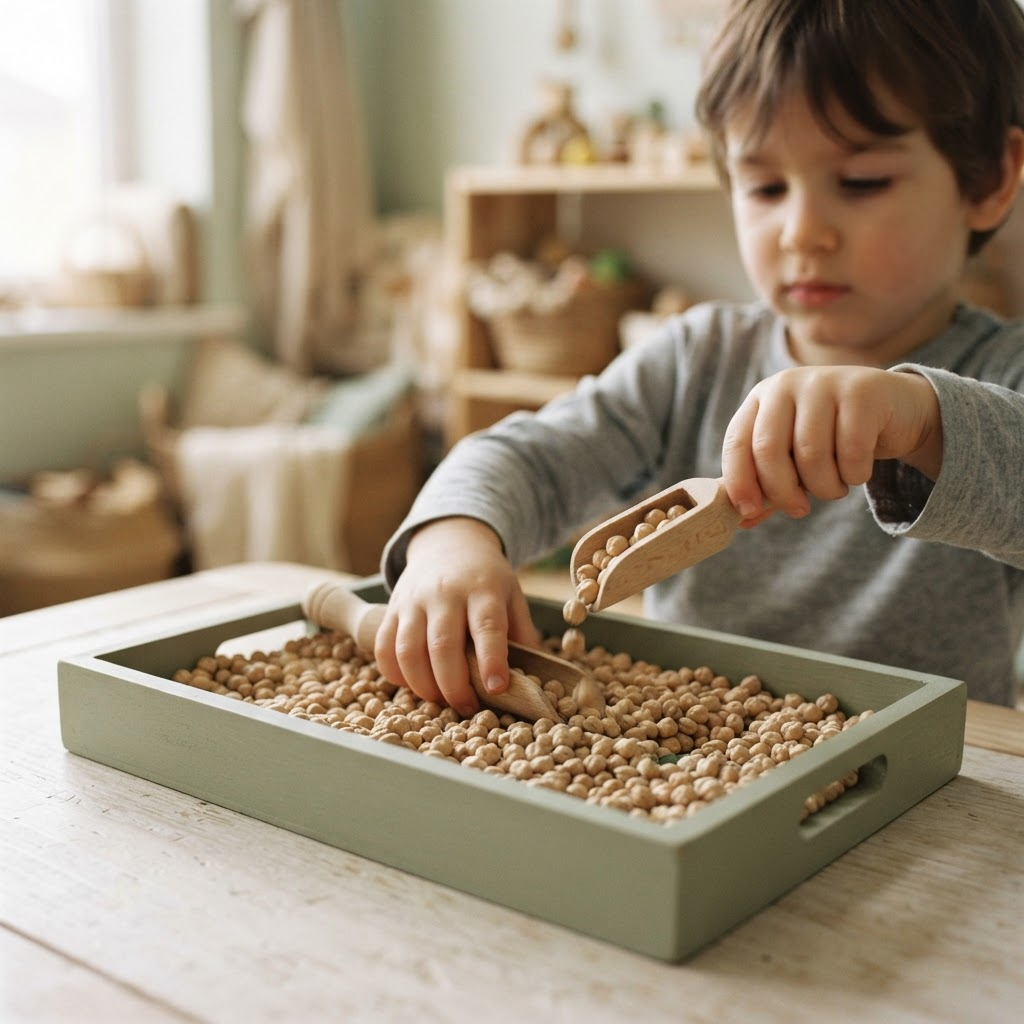 Close view of a young autistic child’s hands exploring a wooden tray of dried chickpeas and scoops, absorbed in fine-motor play