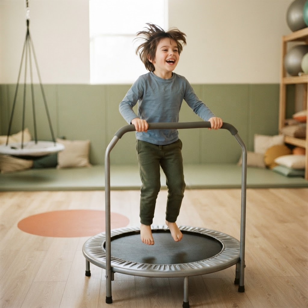 An autistic boy mid-bounce on a small floor trampoline with a support handle, hair lifting, delighted