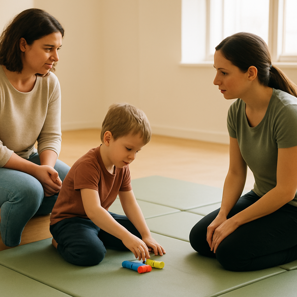 A parent sitting on a bench at the edge of a session room talking with a practitioner while her son plays nearby